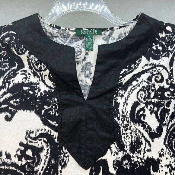 Ralph Lauren Tunic Top Women's Size M Black And White Ikat Pattern 3/4 Sleeve - Picture 2 of 9